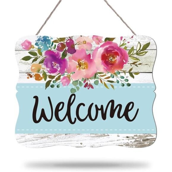 Welcome Hanging Sign Front Door Decor Wooden‎ Welcome Sign Watercolor Floral - Picture 1 of 8